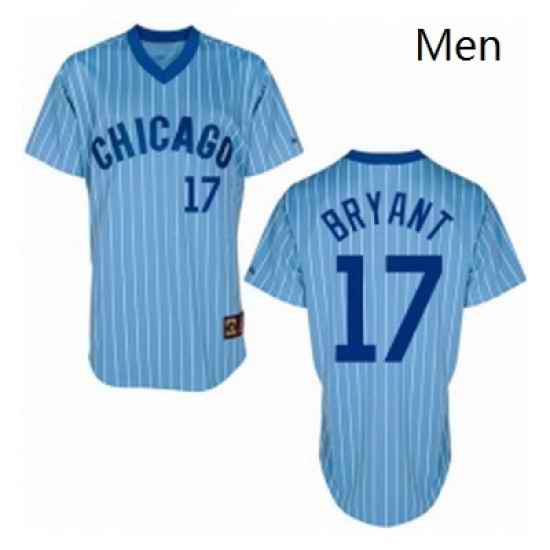 Mens Majestic Chicago Cubs 17 Kris Bryant Replica BlueWhite Strip Cooperstown Throwback MLB Jersey